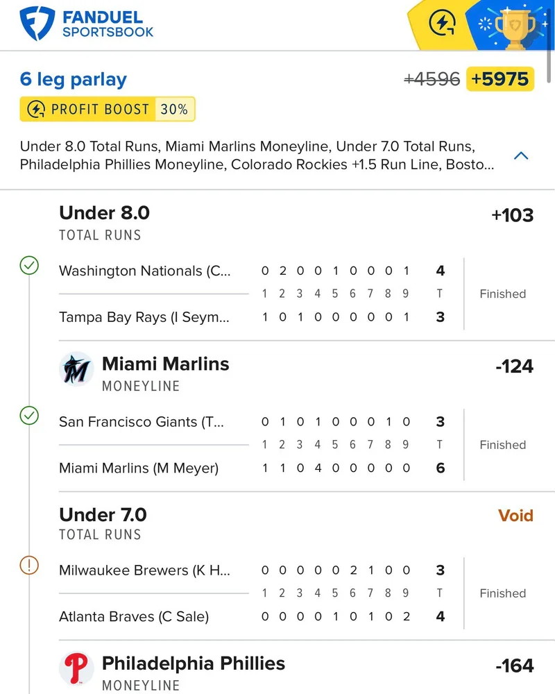 $10 → $293.88 · MLB six-leg parlay · selected win. Redacted winning ticket.