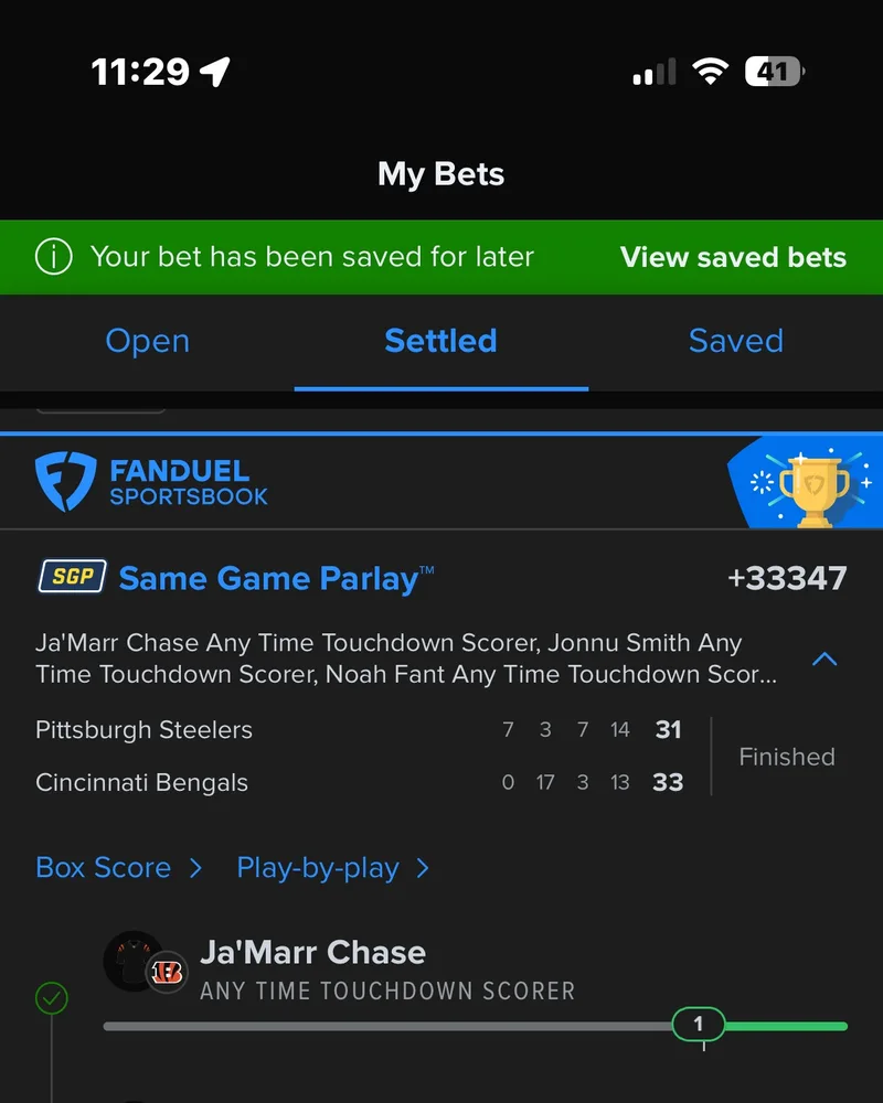 $25 → $1,247.10 · NFL touchdown parlay · selected win. Redacted winning ticket.