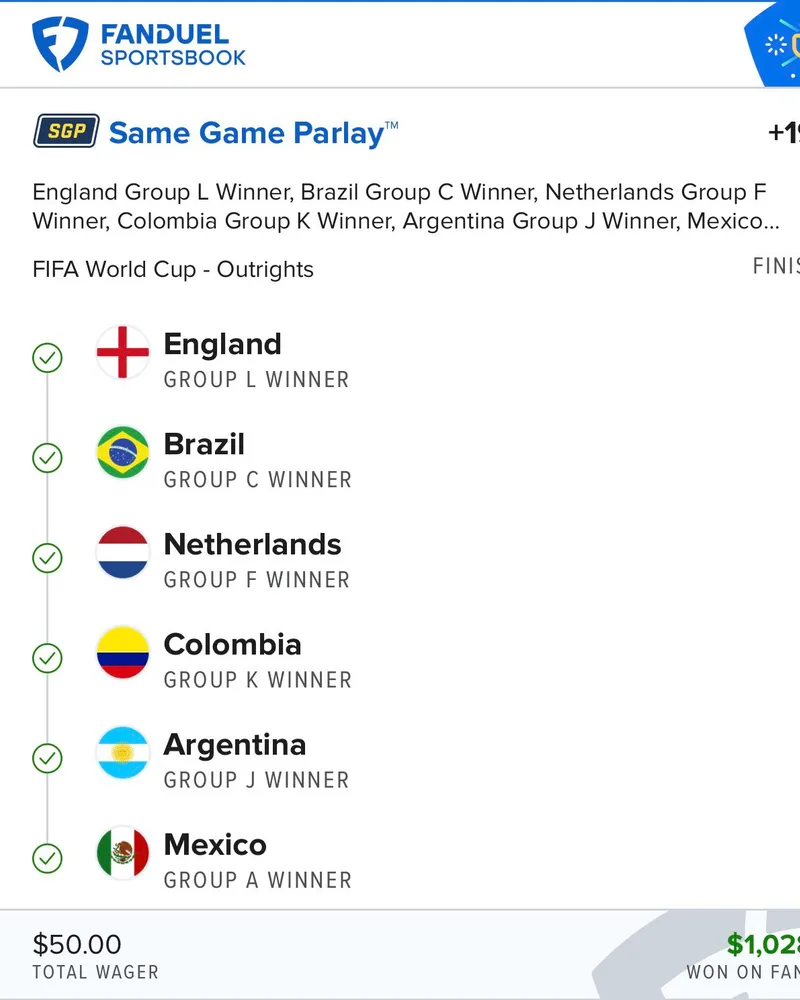 $50 → $1,028.85 · World Cup futures · selected win. Redacted winning ticket.